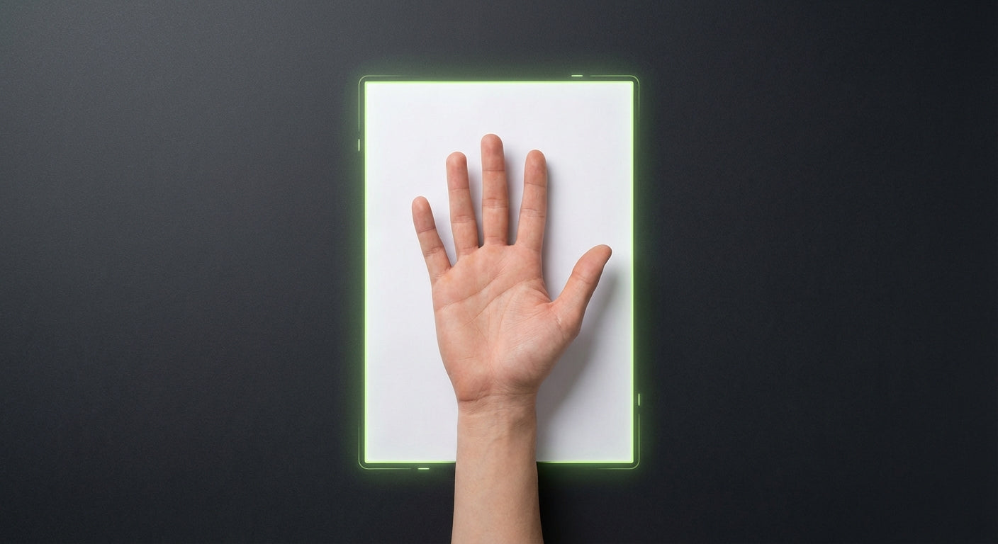 Hand auf A4-Blatt zur Messung
